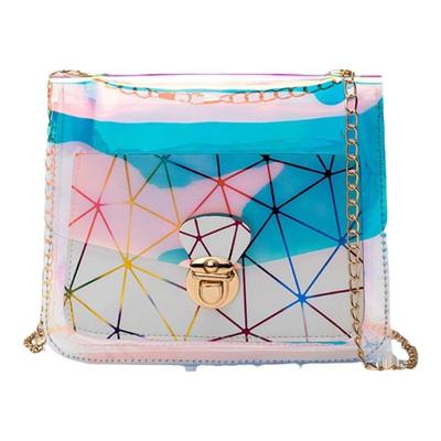 镭射女包包2022夏季韩版炫彩几何菱格锁扣链条小方包单肩斜跨手提