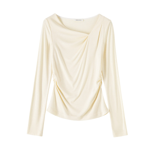 ROSELINGLING不对称斜肩修身显瘦上衣设计感醋酸长袖T恤女打底衫