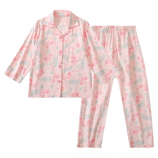 女童睡衣套装纯棉薄款弹力长袖空调服翻领开身火烈鸟中大童家居服