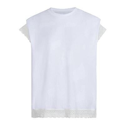 FIVE PLUS短袖T恤女圆领蕾丝边上衣宽松休闲100%棉新款女秋装