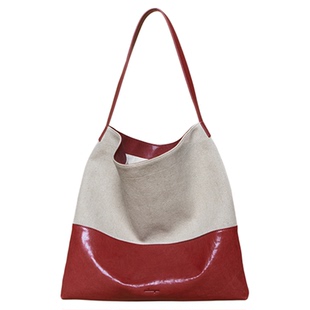 食草堂托特包亚麻布包棉麻牛皮撞色植鞣皮单肩包大容量松弛感高级