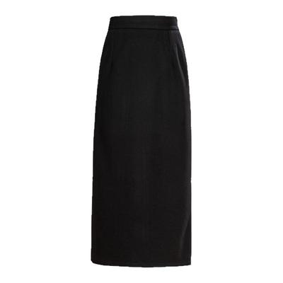 羊毛醋酸半身裙女秋冬2025新款黑色裙子中长款后开叉直筒毛呢长裙