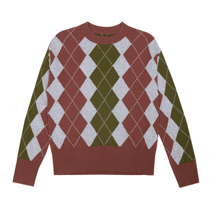 鹿王100%山羊绒衫女士圆领菱形格针织衫毛衣内搭保暖25年秋冬新款