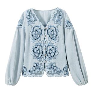 【精致松弛】重工定位刺绣 法式V领泡泡灯笼袖牛仔衬衫衬衣女