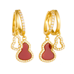 「青芥」新中式天然贝母葫芦耳环新年过年红色旺财耳饰无耳洞耳夹