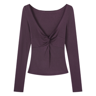 拉夏贝尔天丝羊毛设计感扭结V领打底衫女秋冬修身显瘦内搭T恤上衣