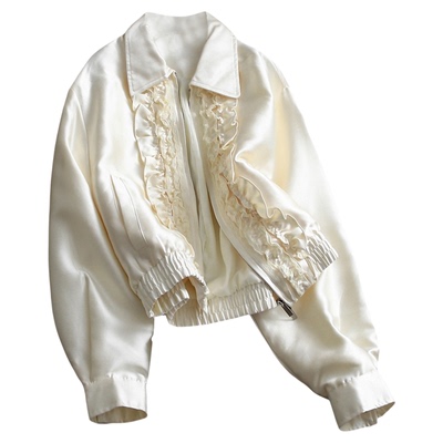 纯色洋气木耳边翻领宽松拉链外套