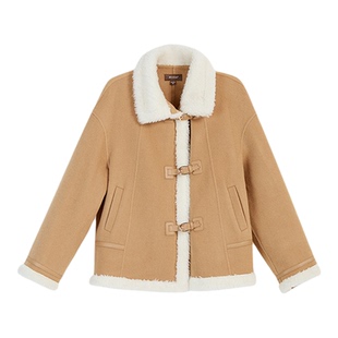 YINER音儿专选2026春季新款时尚撞色羊羔毛翻领羊毛羊绒混纺外套