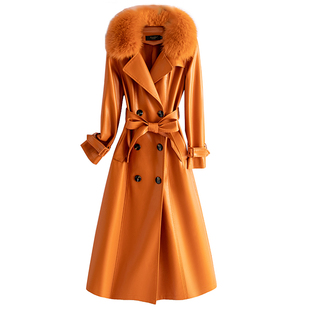 真皮皮衣外套女士中长款2025秋冬新款狐狸毛领绵羊皮风衣加厚大衣