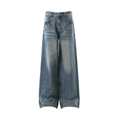 男道美式复古深蓝水洗显瘦通勤做旧猫须微喇版型牛仔裤男女直筒裤