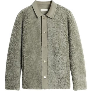 EHE男装 冬季新款100%绵羊毛皮毛一体毛呢拼接宽松翻领皮毛服