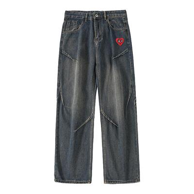 查尔斯桃心美式复古牛仔长裤