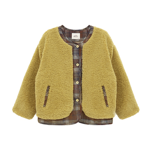小小大星球童装 冬葵黄羊羔毛拼接外套 男女童冬日夹棉保暖开衫