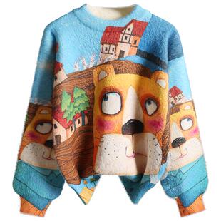 手绘动漫卡通水貂绒男童毛衣加绒加厚秋冬新款男宝针织打底衫儿童