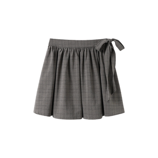 AXIA 高腰a字遮肉显瘦百搭伞裙秋冬复古飘带短款格纹半身裙女