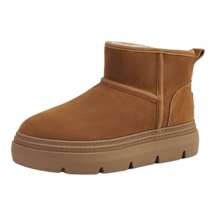 星期六真皮厚底加绒雪地靴女款2025冬季新款短筒棉鞋短靴靴子