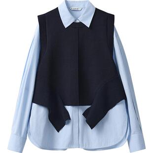 播商场同款航海24秋条纹衬衫针织马甲两件套女休闲上衣BDR3CD1914