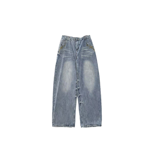 楠哥微胖mm美式复古猫须渐变闪电牛仔裤女大码宽松显瘦弯刀阔腿裤