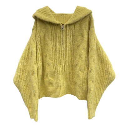 宽松拉链连帽长袖针织开衫毛衣女