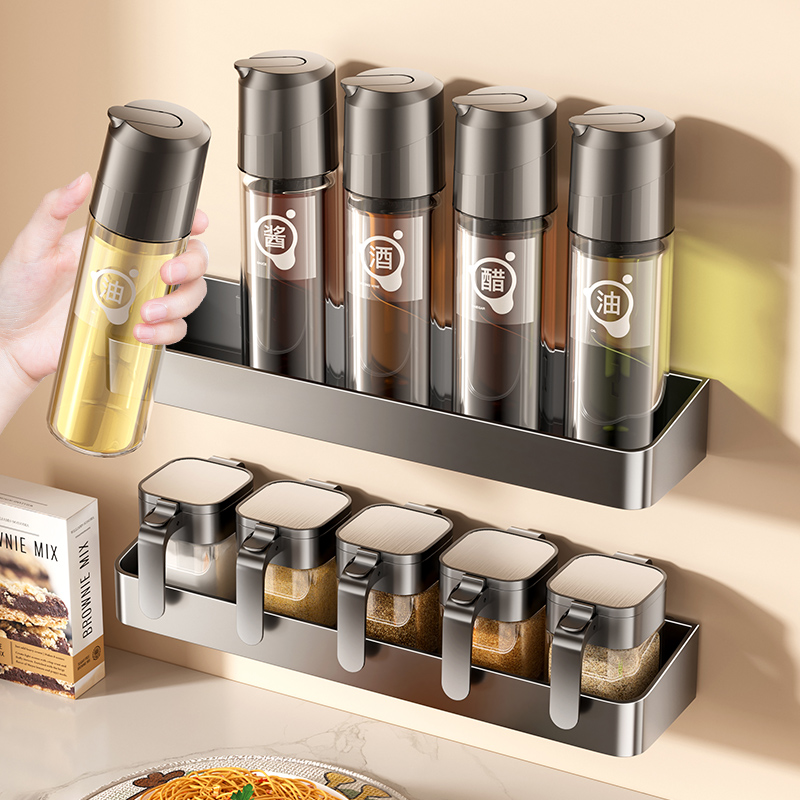 新款厨房油壶油瓶密封盐罐调味料罐组合套装玻璃壁挂置物架收纳盒