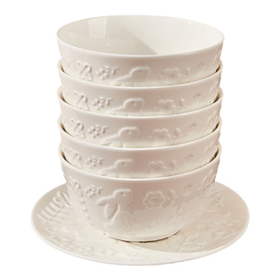 釉下彩陶瓷米饭碗2026新款吃饭碗家用浮雕盘子碗碟套装纯白餐具