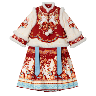 汉服女童2025冬款儿童红色喜庆国风仙气拜年服女孩加厚马面裙套装