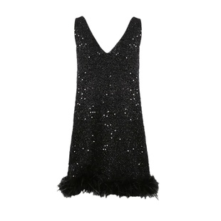 Deessesicile 黑色羽毛亮片礼服裙深V造型背心裙小香风连衣裙女