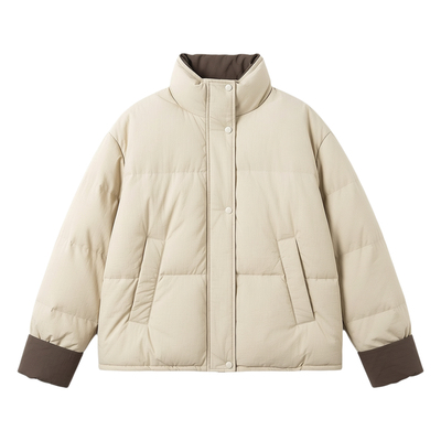 白色立领短款白鸭绒龟背羽绒服女