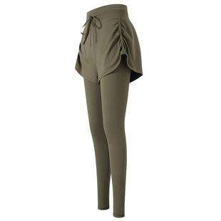 健身女孩假两件遮臀瑜伽裤高腰收腹显瘦运动户外防走光紧身裤套装