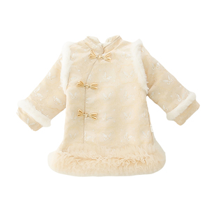 女童古风连衣裙女宝加绒长袖旗袍裙儿童拼接拜年盘扣裙子冬装新年