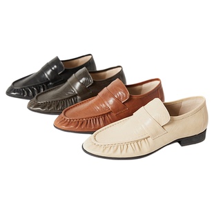 ED06057 茉莉雅集 R0*W圆头褶皱柔软水洗羊皮低跟乐福鞋新款