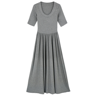 GEMQI法式灰色修身U领短袖连衣裙子女夏季气质新款收腰气质长裙