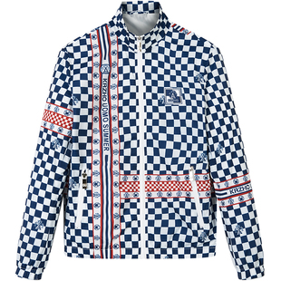 BM美式高街外套男士2025新款春季潮流印花格子立领夹克男休闲上衣