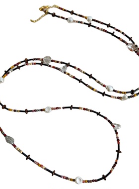 青岛出口法式复古文艺彩色碧玺真石淡水米粒珍珠串珠短款细长项链