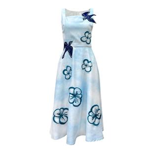 XUNRUO熏若xElisabethAnisimow联名设计师品牌飞鸟花朵刺绣连衣裙