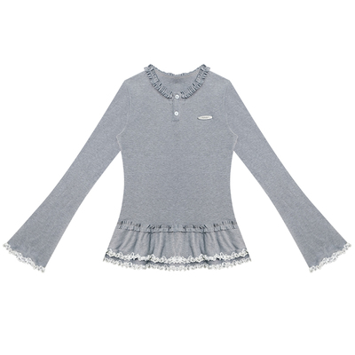 ziziFei秋冬设计感拼接蕾丝下摆上衣长袖T恤修身显瘦针织打底衫女