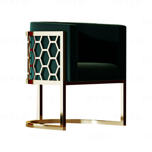 HERZZI轻奢环抱式带扶手餐椅牛奶绒洽谈椅高端不锈钢镀金会客椅子