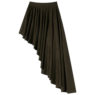 DIONYS*斜向不规则褶皱麂皮半裙设计感复古棕绿色中长款A字裙