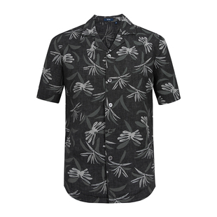 BONI/堡尼春夏新品商务古巴领衬衣印花亚麻短袖休闲衬衫GN343B81H