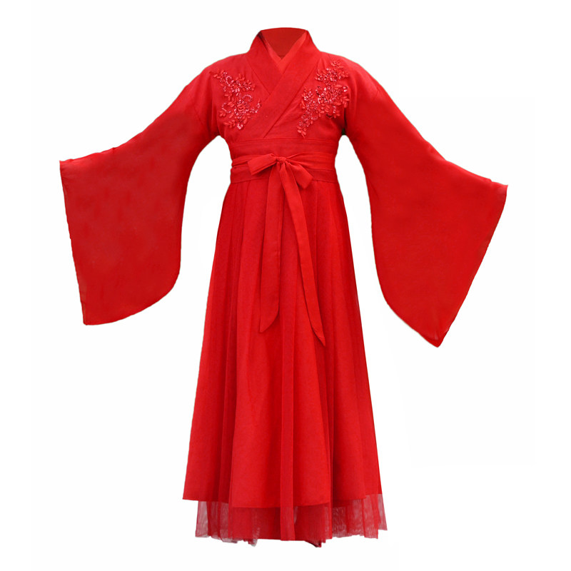 汉服女童大红色古装古筝演出服超仙中国风舞蹈服中大童女孩表演服