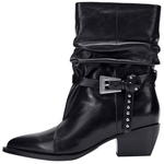 NOOWA粗跟骑士靴女2025秋款时尚尖头真皮增高百搭皮带扣堆堆短靴