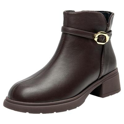 大东官方正品黑色粗跟妈妈短靴