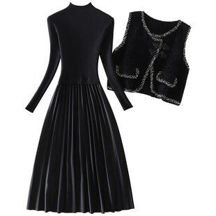 秋冬新款高端两件套气质女装长袖内搭A字裙黑色拼接针织连衣裙子