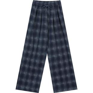 妖精的口袋复古格纹直筒加绒裤子女2025年冬季新款宽松抽绳阔腿裤