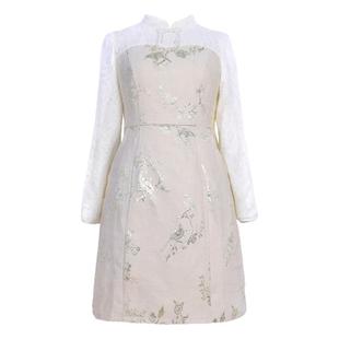 【轻奢】大码女装2025冬绣花提花改良旗袍胖MM婉约复古加绒连衣裙