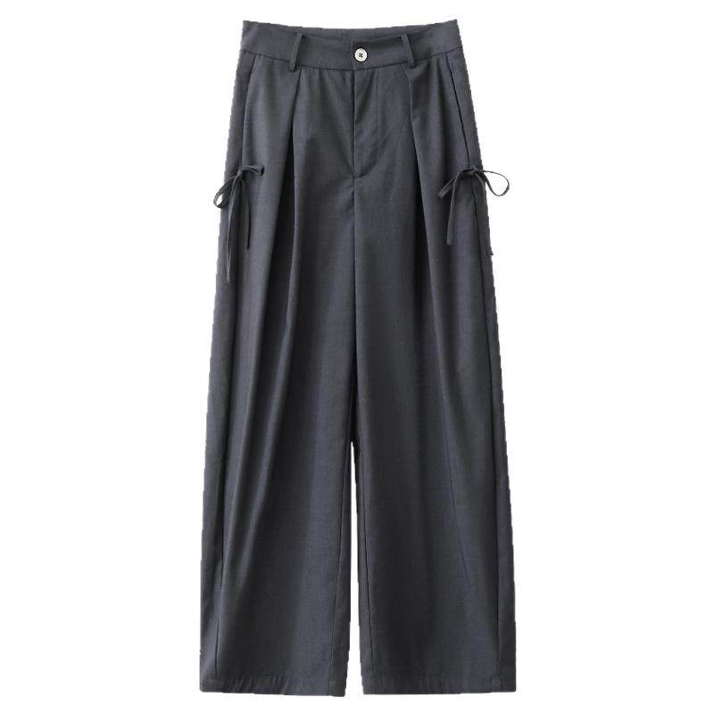 夕蒙2025新款秋季韩系气质裤子蝴蝶结慵懒高级小众灰色阔腿休闲裤