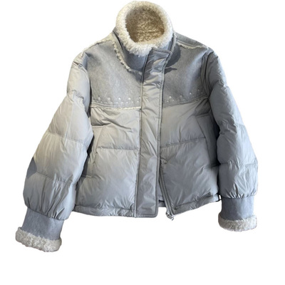 羊羔毛皮毛一体拼接短款羽绒服