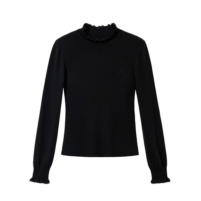 蓝语羊毛混纺木耳边半高领打底衫