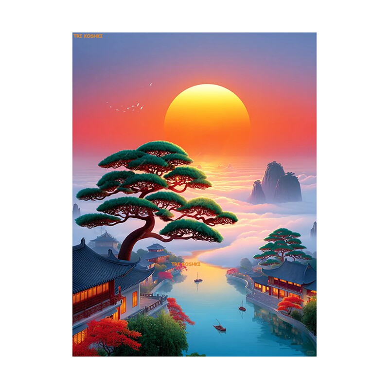中式古风自然风景墙贴山水画靠山招财红日玄关客厅书房墙上自粘贴