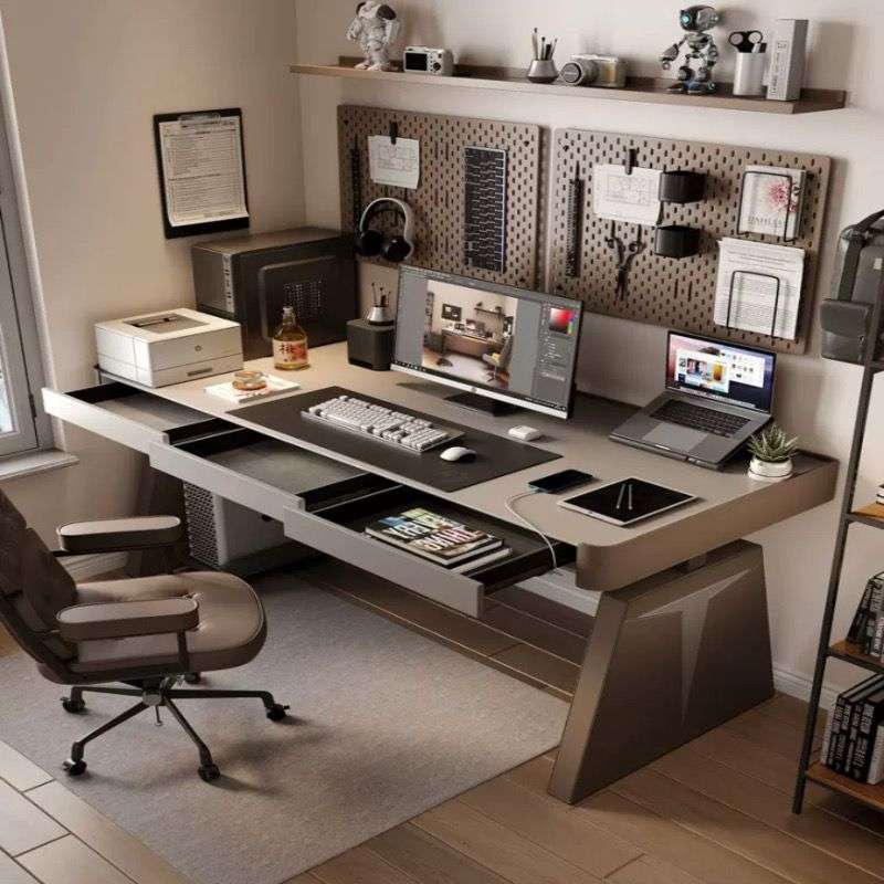 智能电动升降桌意式高档马鞍皮一体办公桌家用高中生学习电脑书桌